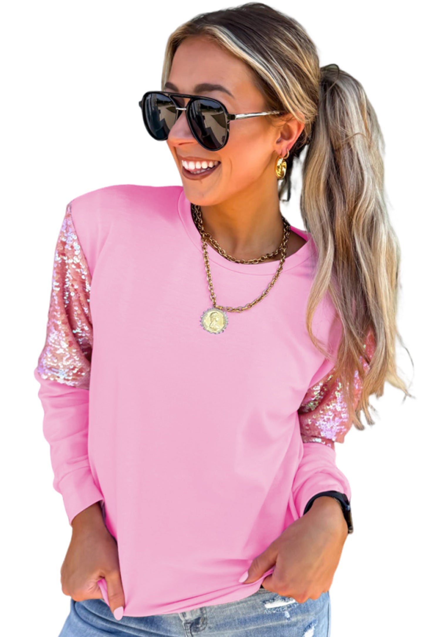 Pink Long Sleeve Sequin Round Neck Pullover Top