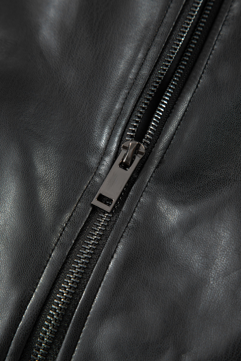 Black Double Flap Pocket Faux Leather Zip Up Stand Neck Vest