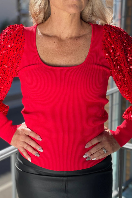A Fiery Red Sequin Sleeve Patchwork Ribbing Knit Square Neck Holiday Sweater