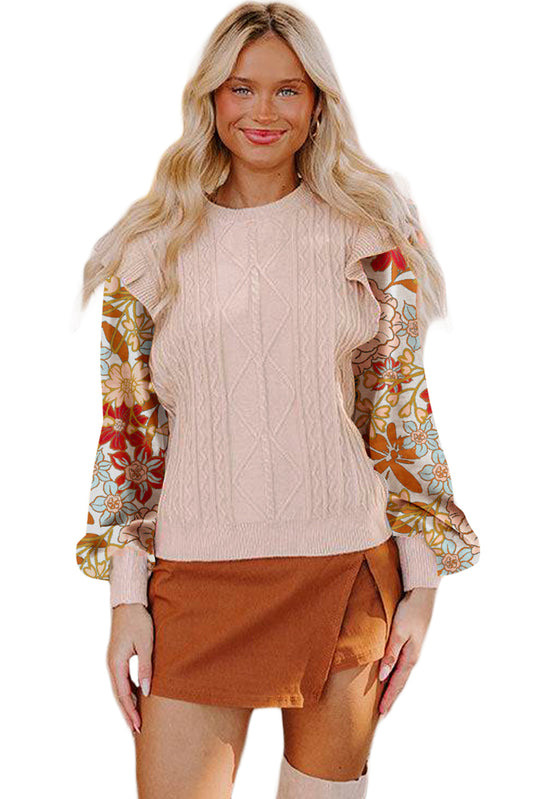 A Parchment Cable Knit Ruffle Detail Contrast Floral Sleeve Patchwork Sweater