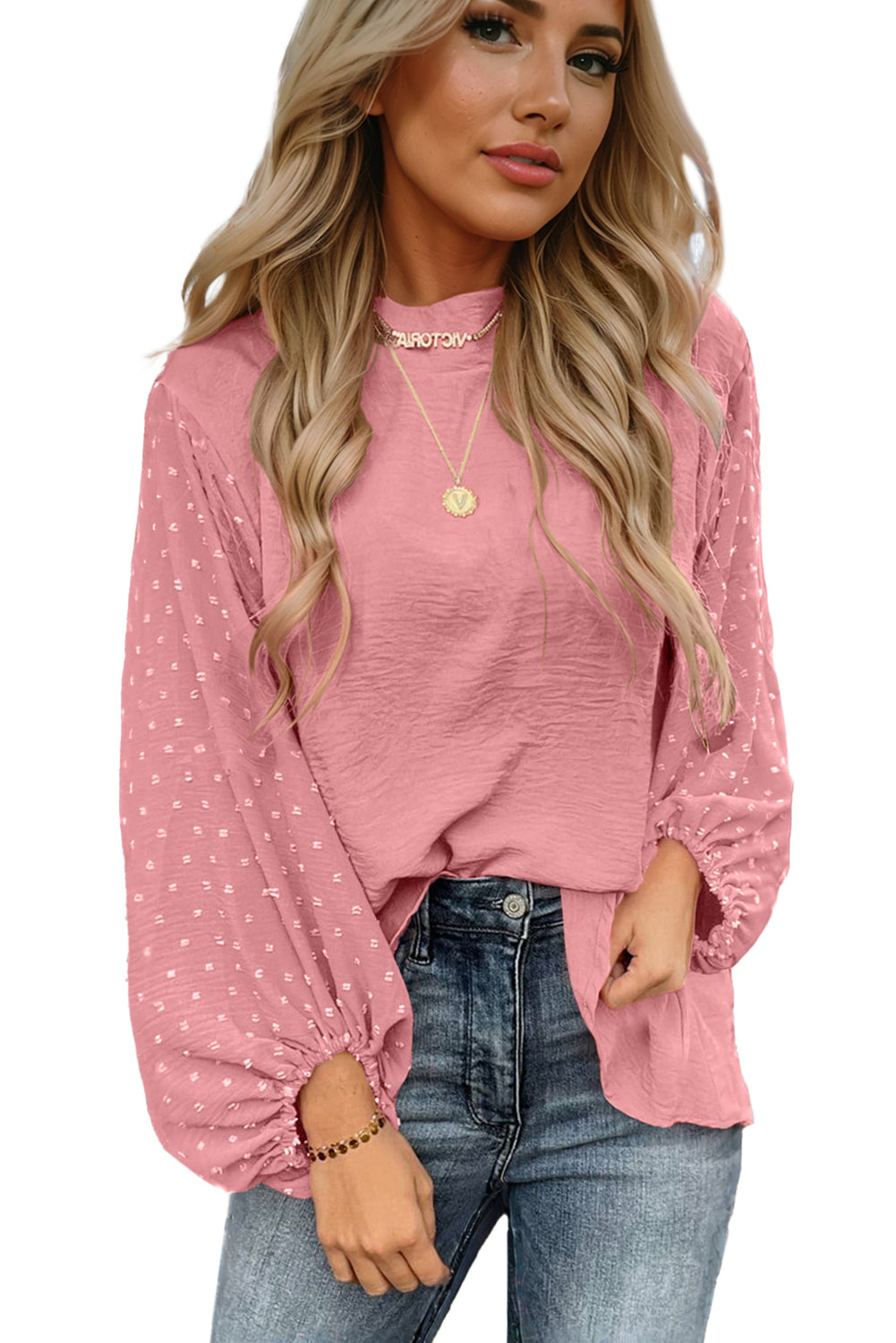 Gossamer Pink Swiss Dot Balloon Sleeve Patchwork Crinkle Blouse