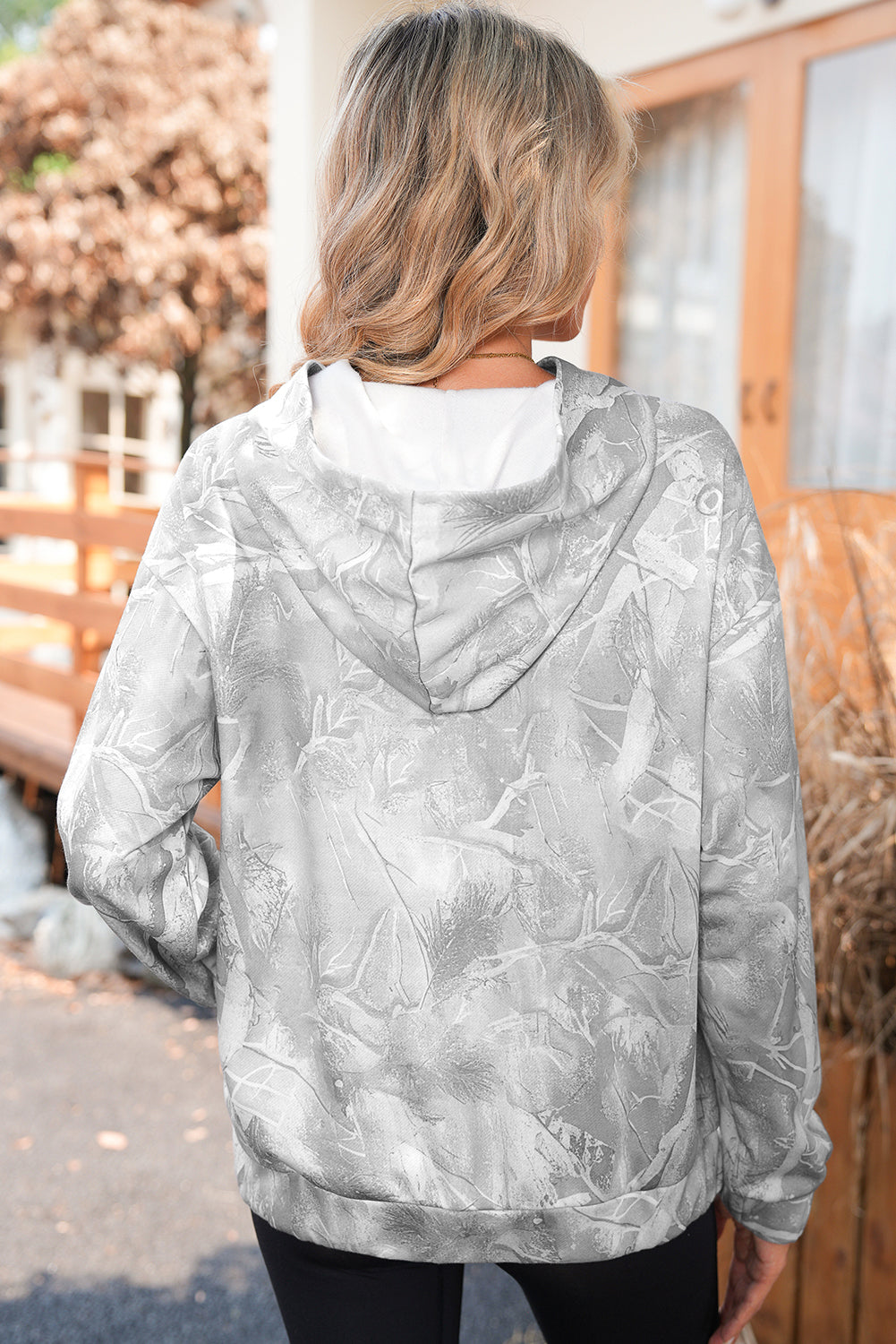 Light Pink Camouflage Plant Print Kangaroo Pocket Oversized Hoodie