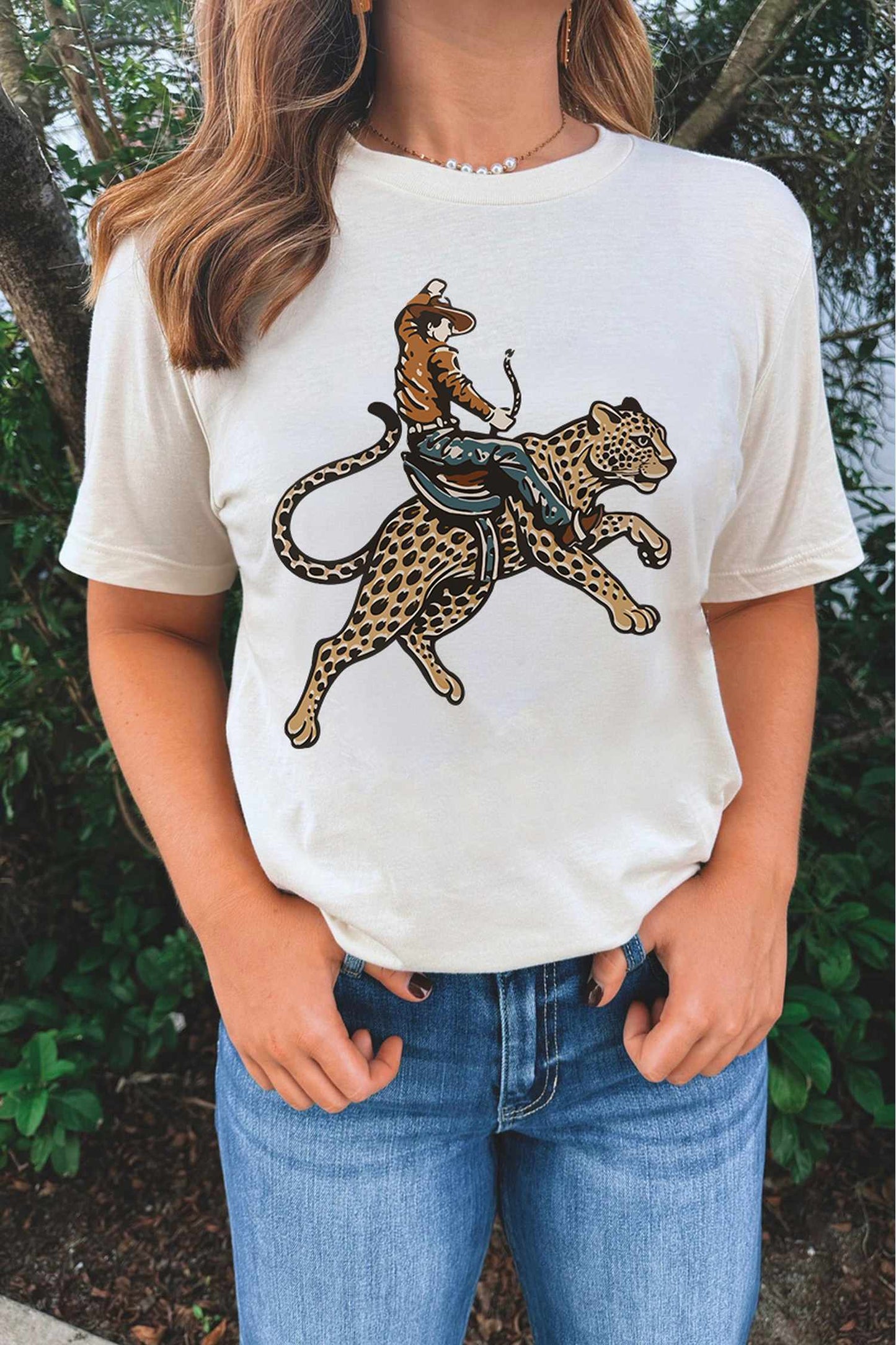 White Riding A Cheetah Cowboy Graphic Round Neck Casual Tee
