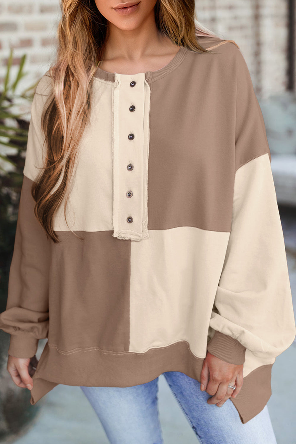 Pink Colorblock High Low Loose Henley Sweatshirt