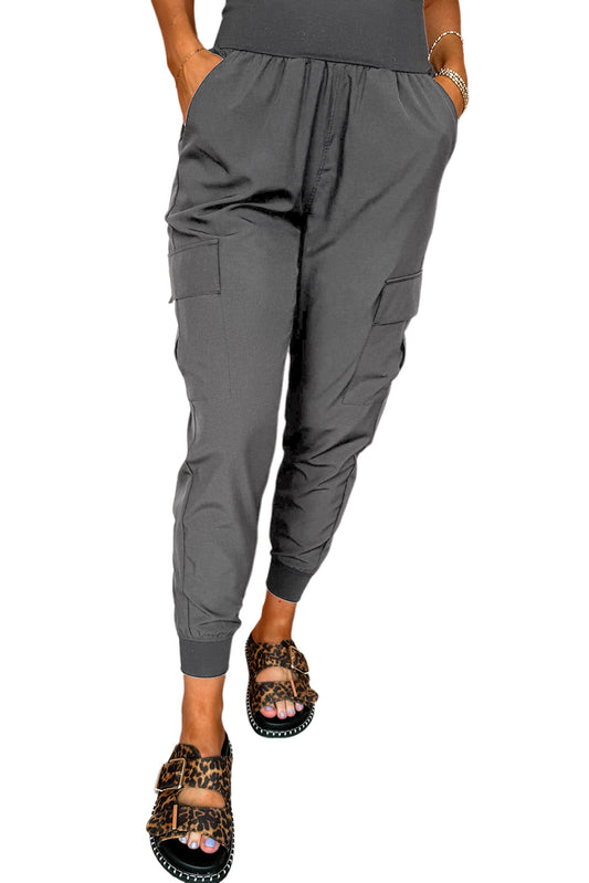 Medium Grey Elastic High Waist Pocketed Cargo Jogger Pants