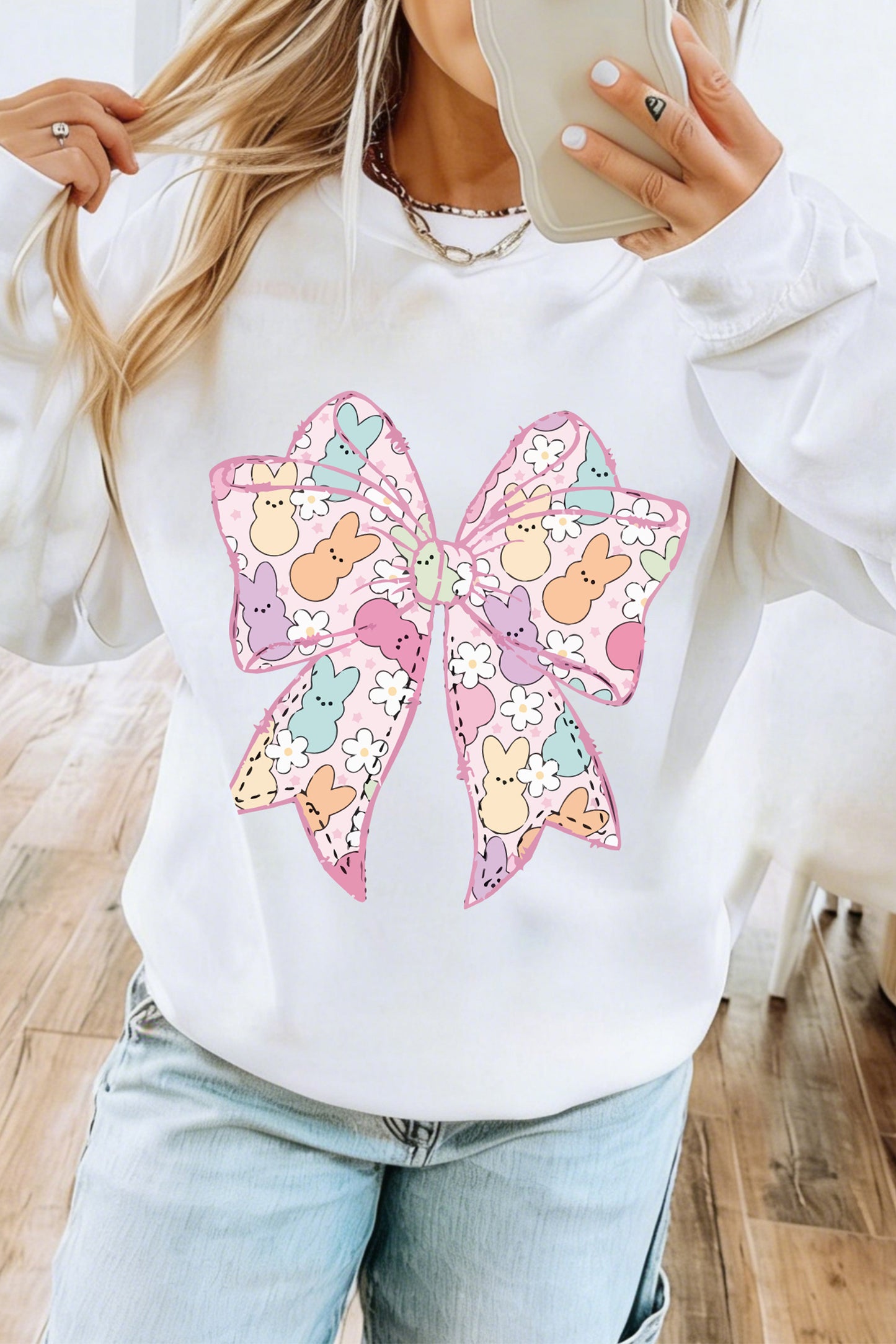 White Easter Bunny Bow Printed Casual Sweatshirt
