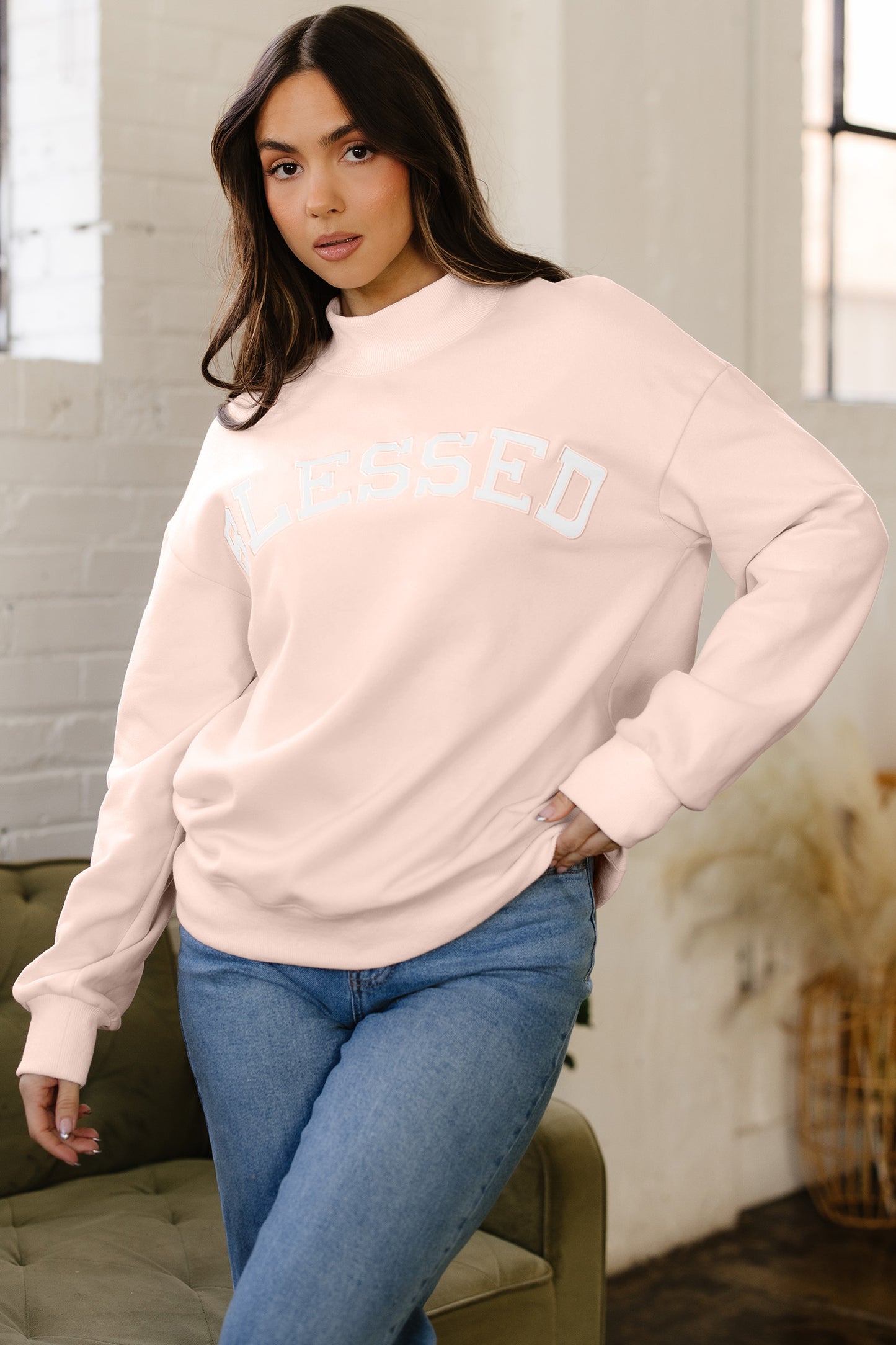 Sea Green Oversize Blessed Embroidered Mock Neck Sweatshirt