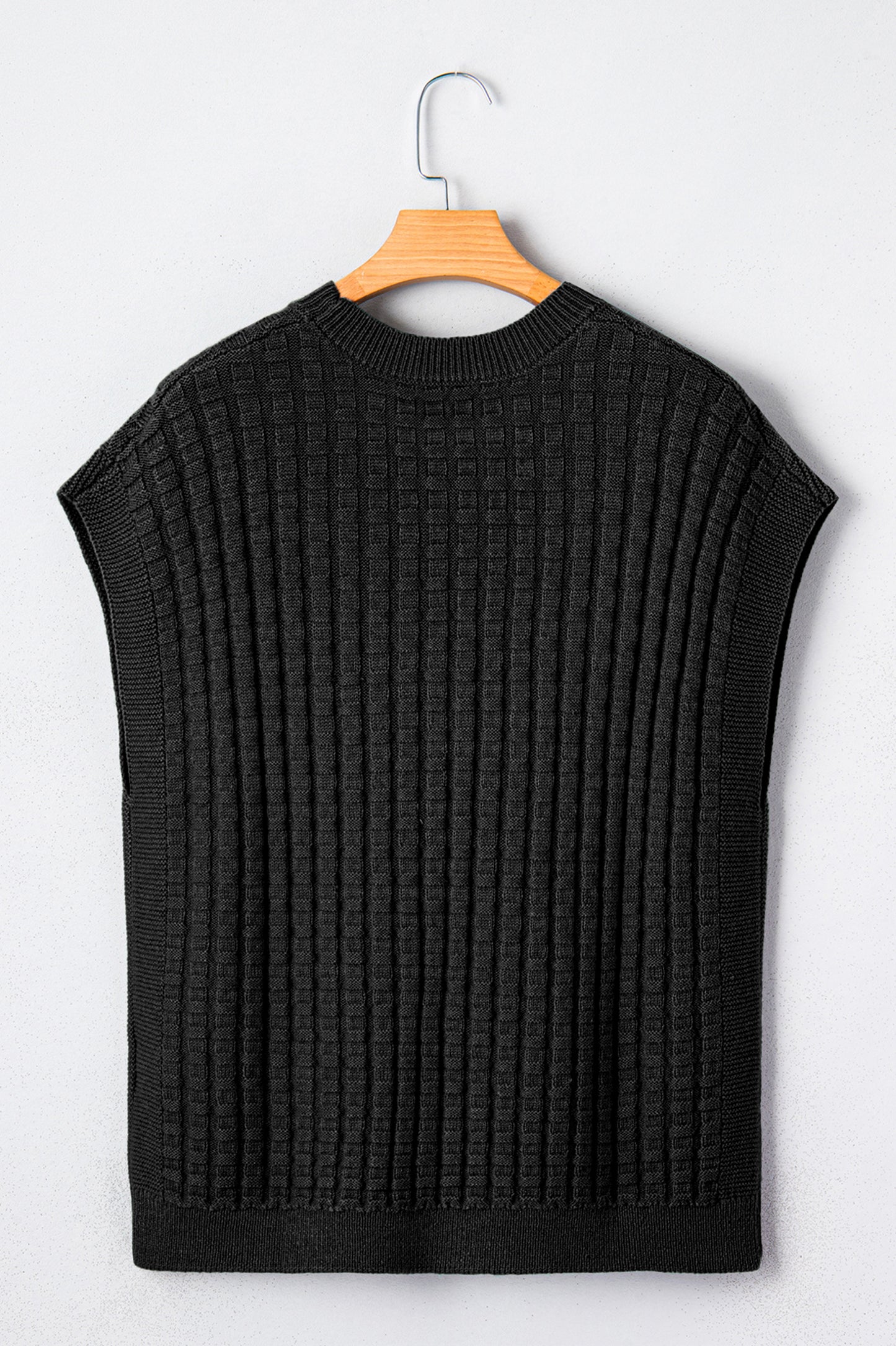 Black Solid Color Round Neck Textured Short Sleeve Sweater