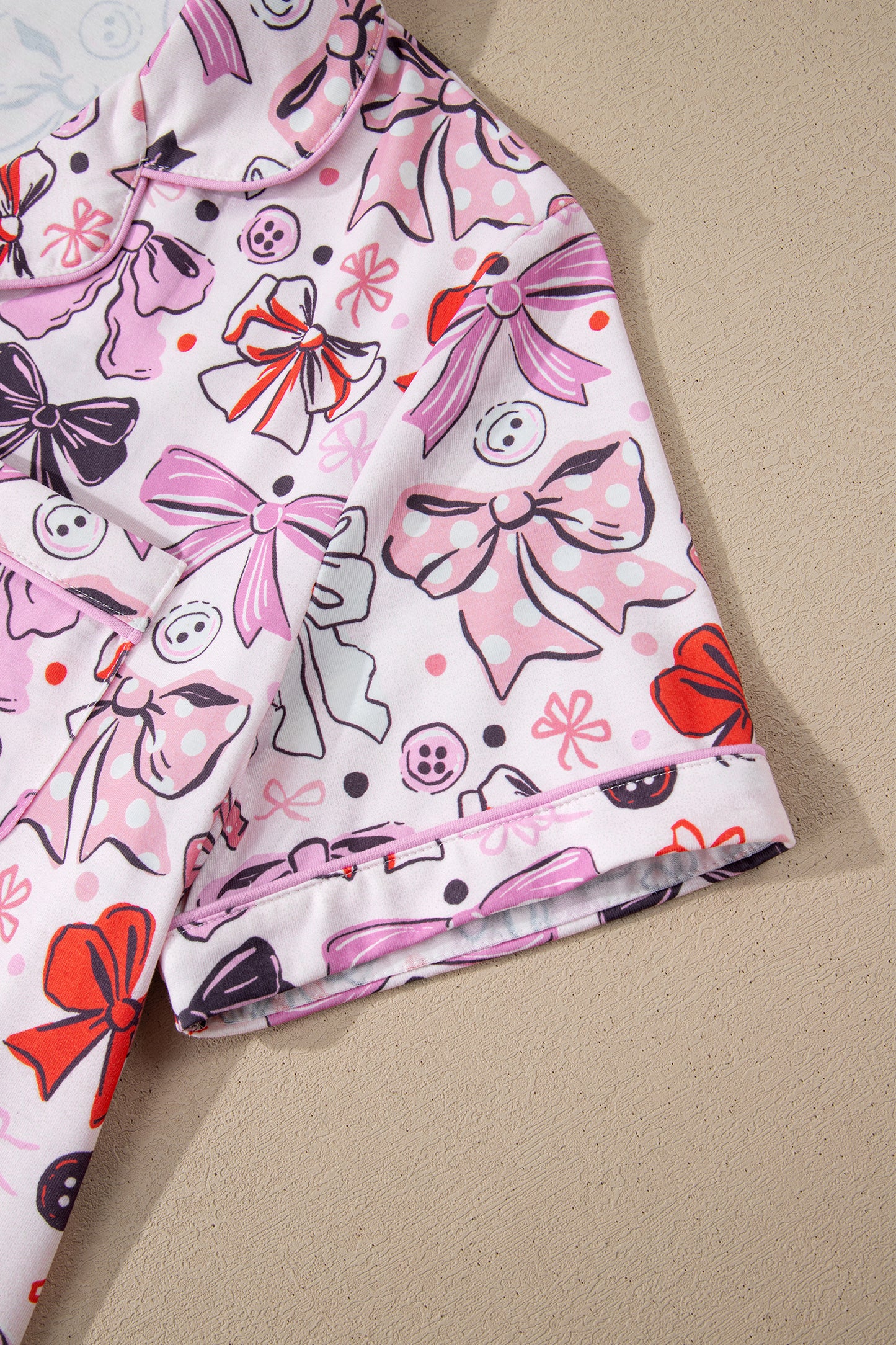 Pink Cute Ribbon Bows Printed Shirt Style 2pcs Short Pajama Set