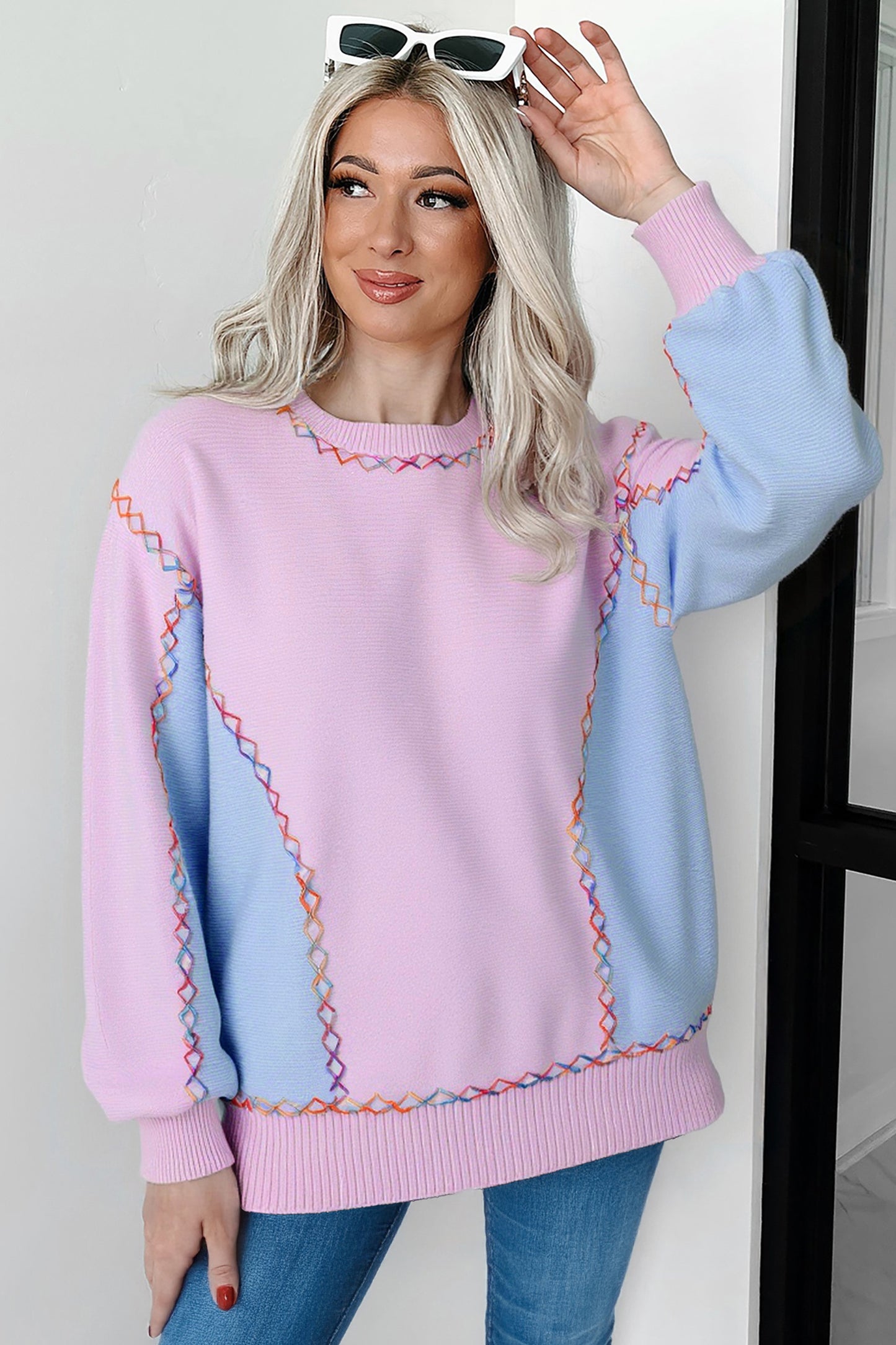 White Rainbow Stitching Balloon Sleeve Relaxed Sweater