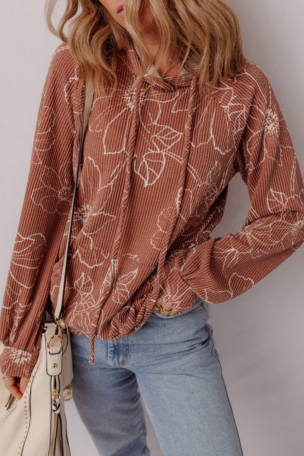 Brown Floral Twisted Rib Drawstring Kangaroo Pocket Hooded Top