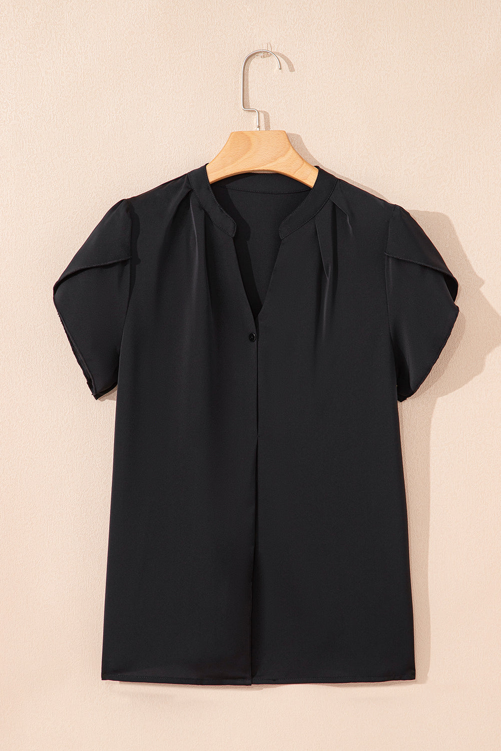 Black Button Notched Neck Petal Sleeve Blouse