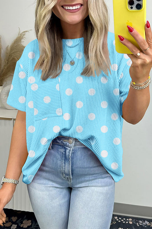 Sky Blue Polka Dot Round Neck Drop Shoulder Patch Pocket Jacquard Texture Top