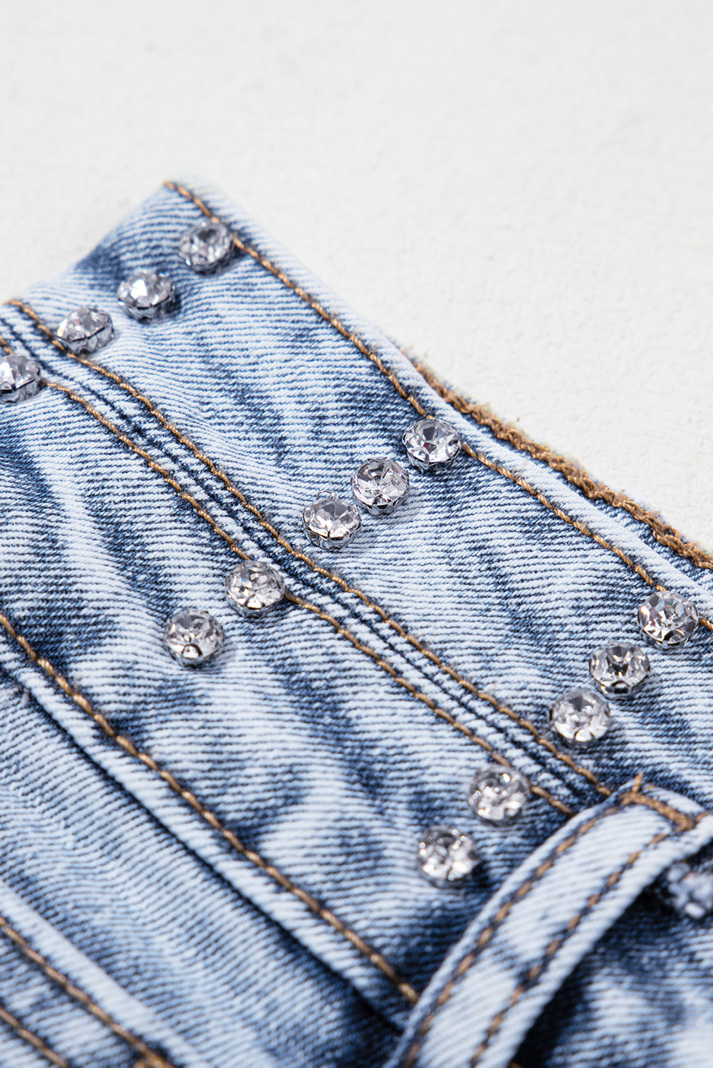 Beau Blue Rhinestone Light Wash Raw Hem High Waist Denim Shorts