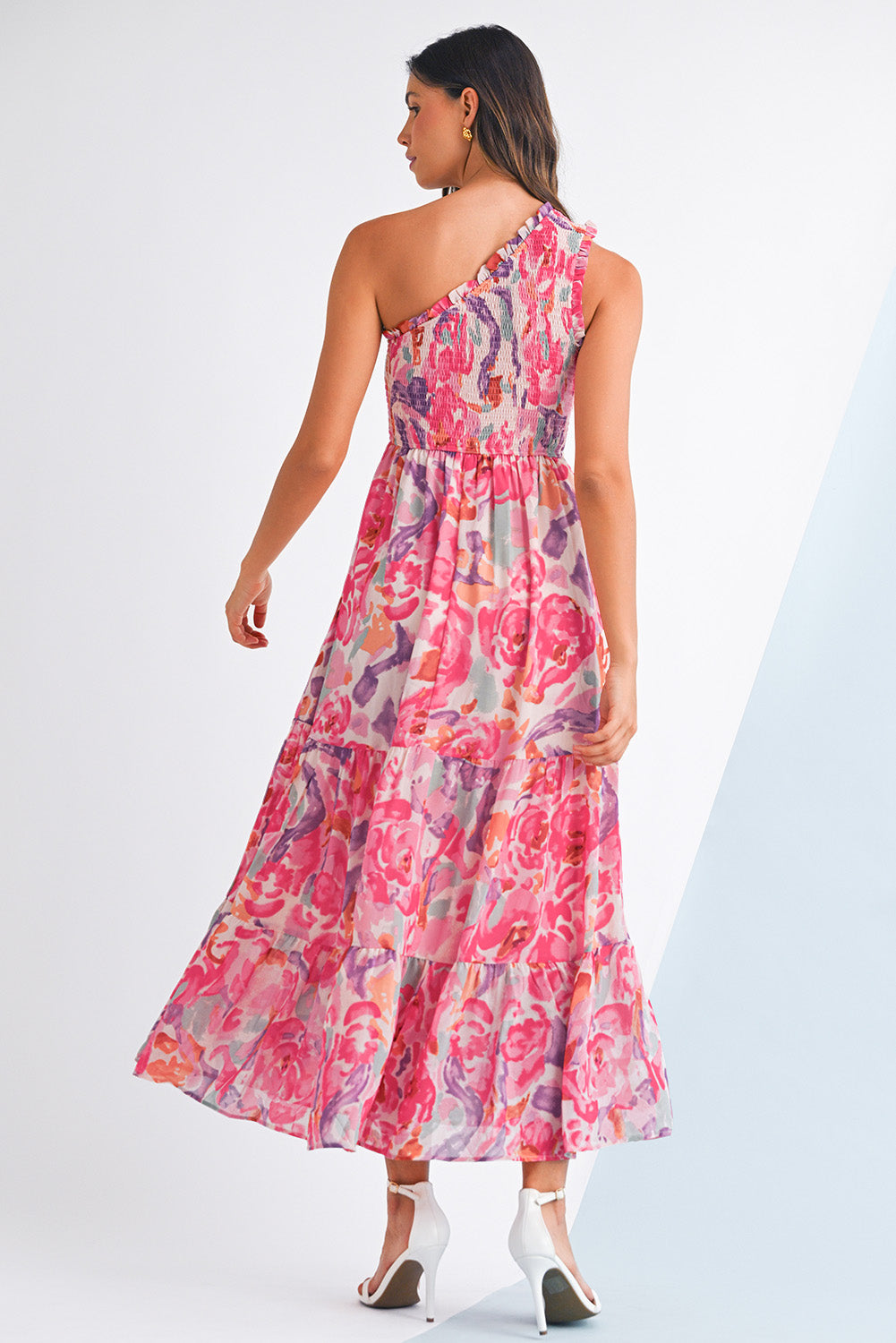 Pink Floral Print Shirred One Shoulder Maxi Dress
