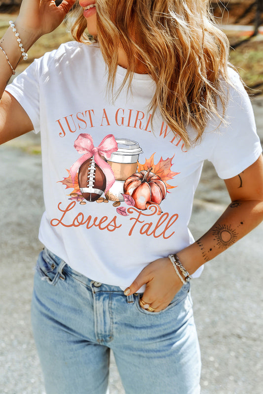 White JUST A GIRL WHO Loves Fall Graphic Casual Tee