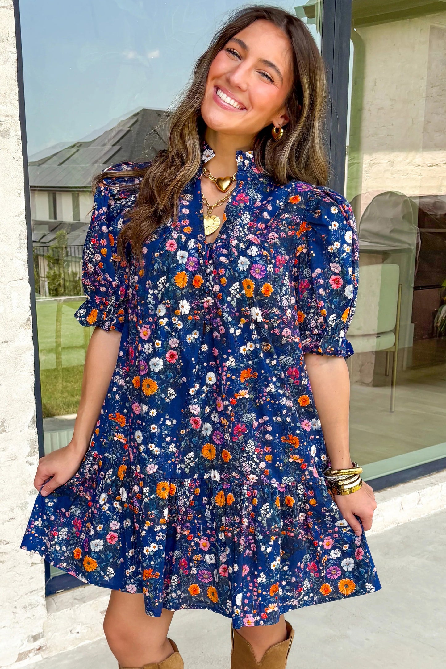 Blue Wild Daisy Floral Split Neck Short Puff Sleeve Mini Dress
