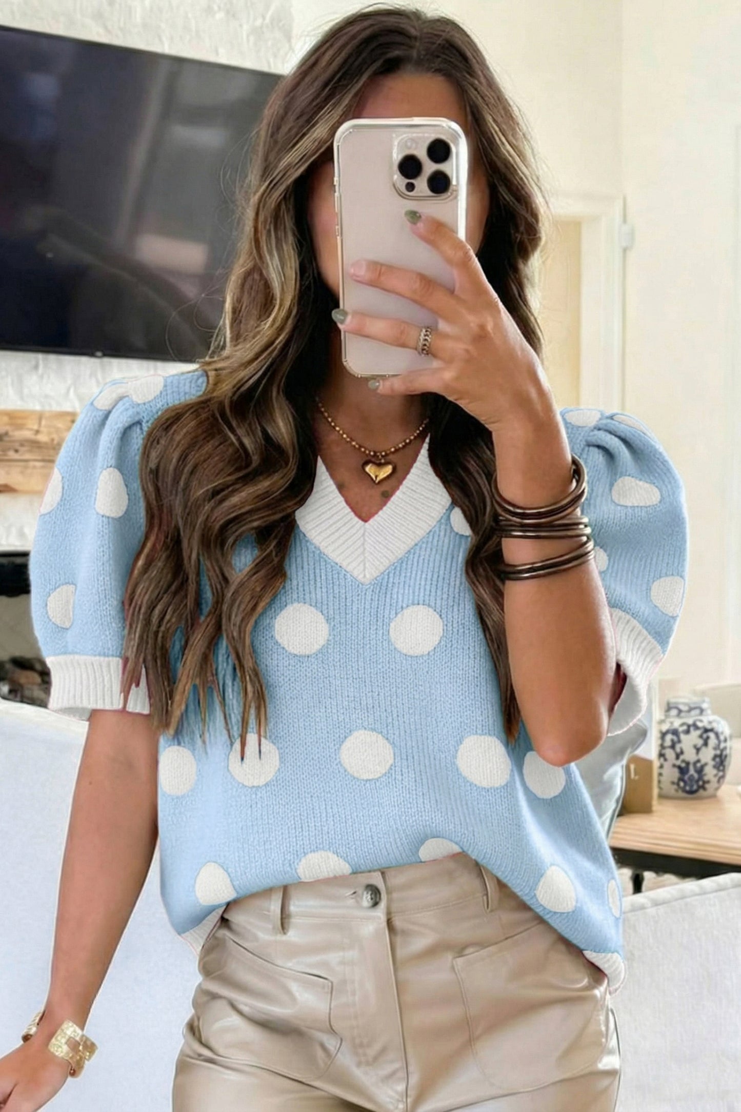 Pink Polka Dot Puff Short Sleeve Sweater Top