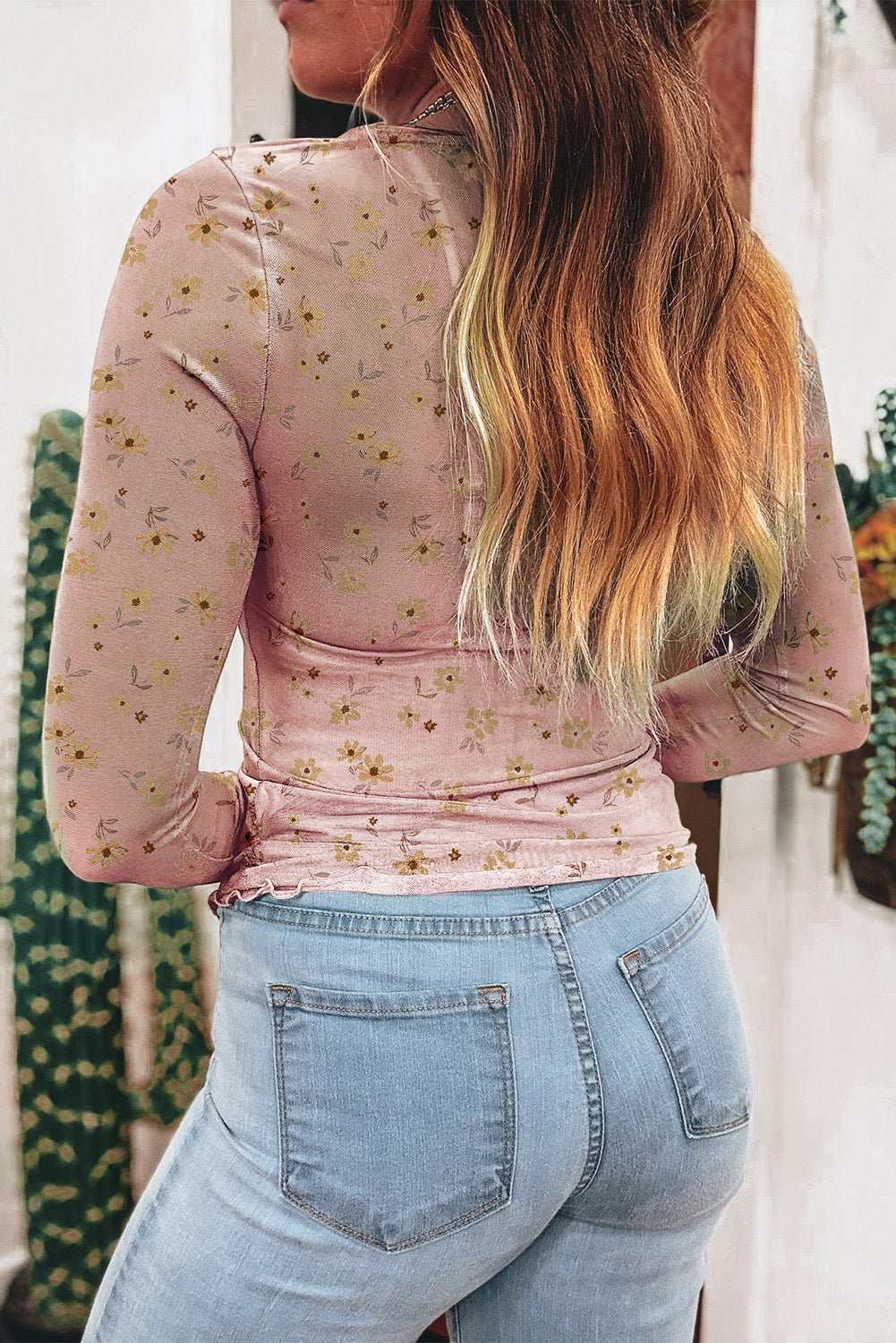 Sky Blue Floral Print Mesh Slim Fit Long Sleeve Top