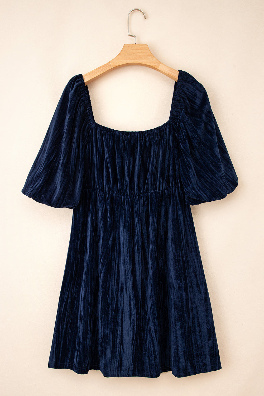 Navy Blue Velvet Ruched Bust Square Neck Short Puff Sleeve Plus Dress