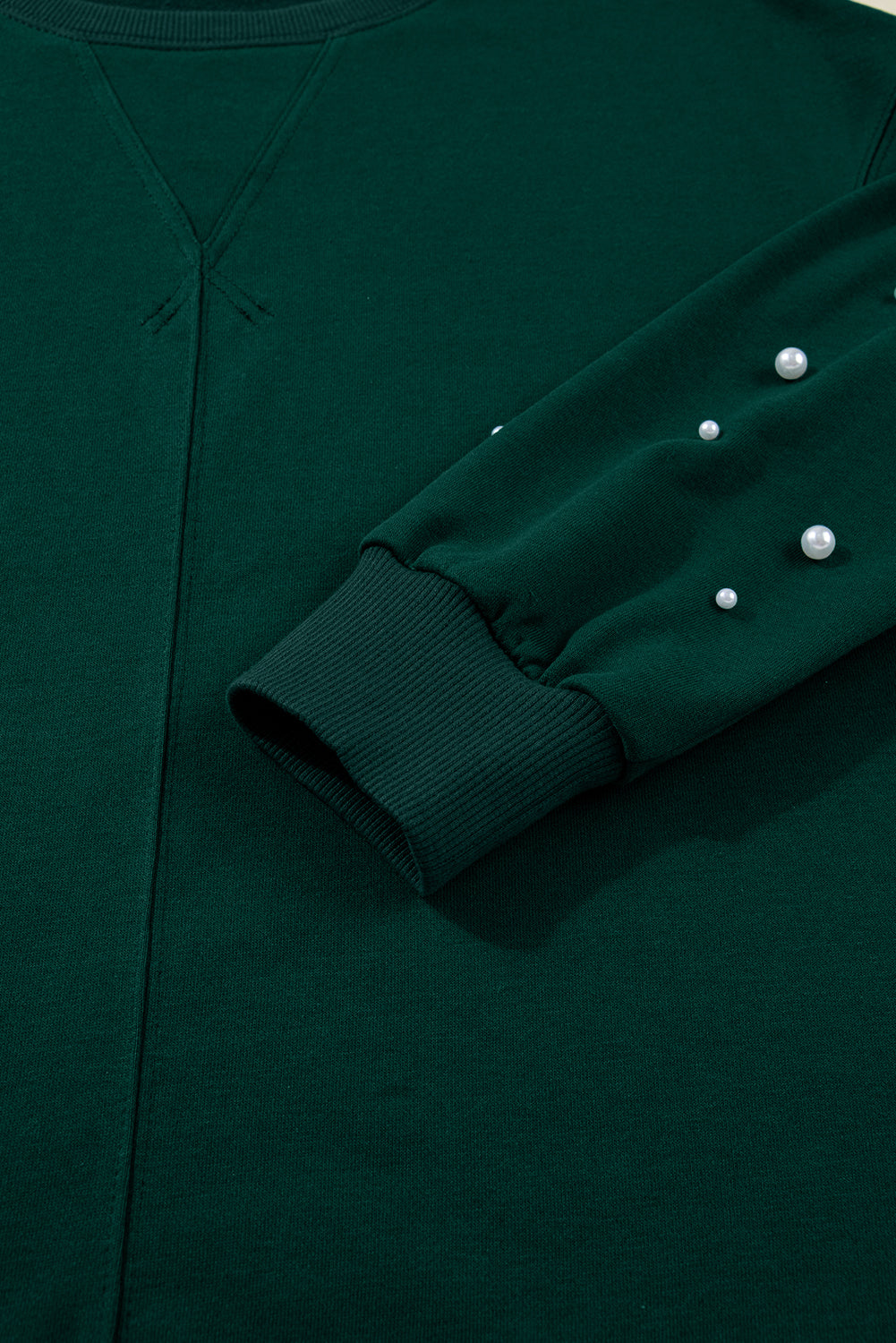 Dark Green Pearl Embellished Drop Shoulder Pullover Elastic Waist Mini Skirt Set