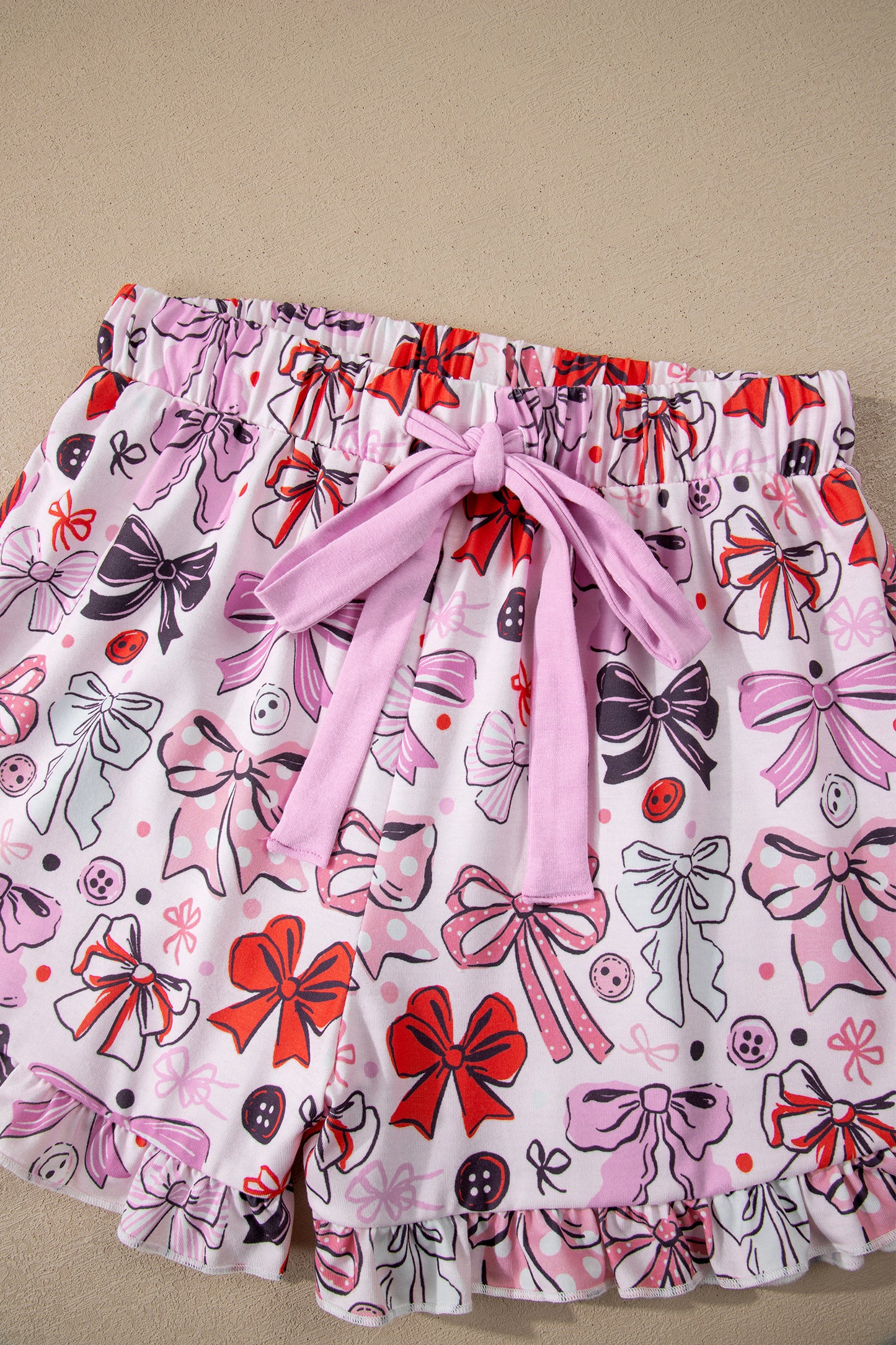 Pink Cute Ribbon Bows Printed Shirt Style 2pcs Short Pajama Set