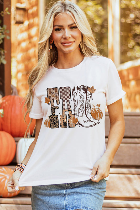 A White FALL Letter Print Western Thanksgiving Graphic T-Shirt