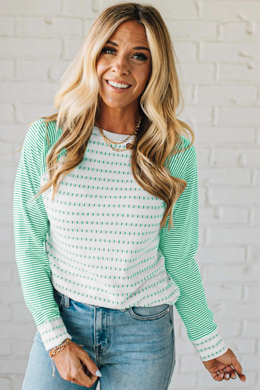 Green Stripe Raglan Patchwork Long Sleeve Tee