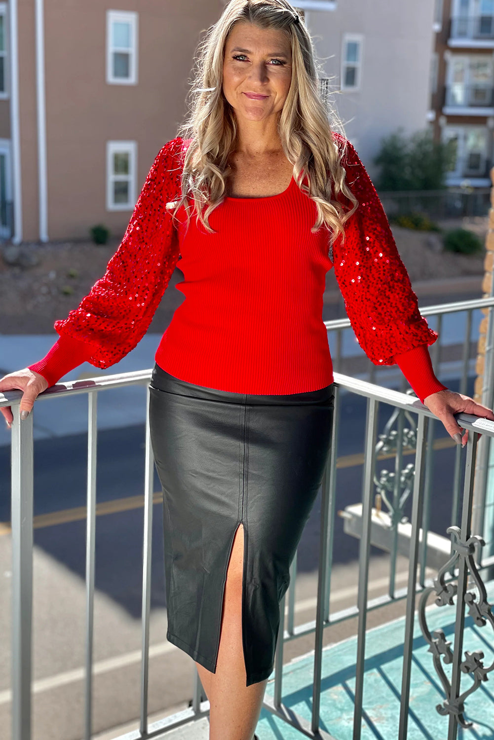 A Fiery Red Sequin Sleeve Patchwork Ribbing Knit Square Neck Holiday Sweater