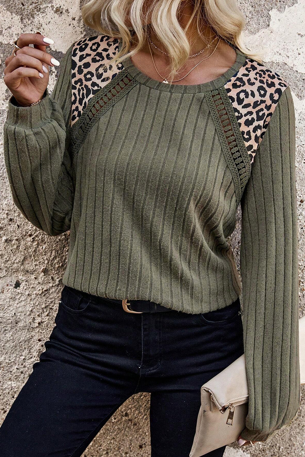 Moss Green Leopard Print Patchwork Crochet Rib Textured Sweater