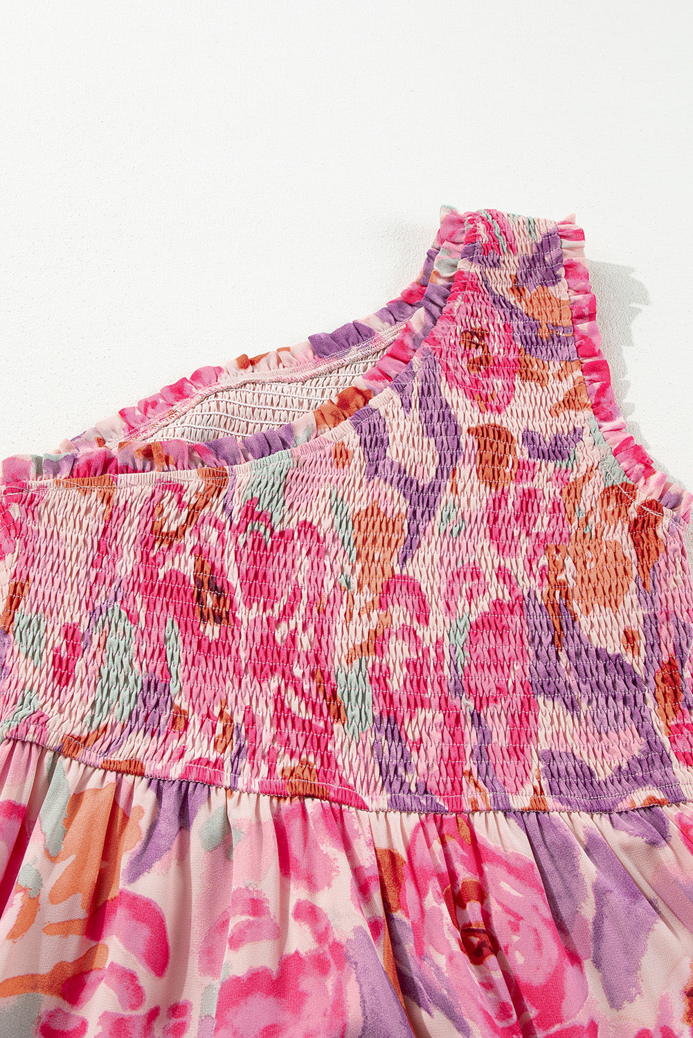 Pink Floral Print Shirred One Shoulder Maxi Dress