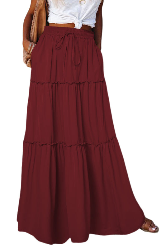 Fiery Red Black Frill Tiered Drawstring Waist Maxi Skirt