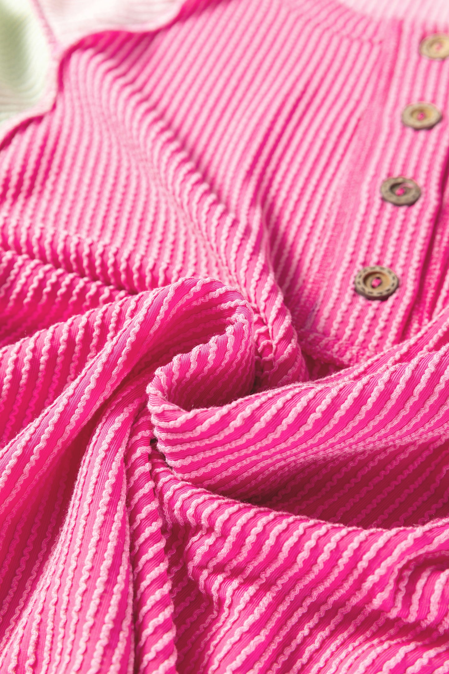 Bright Pink Twisted Ribbed Color Block Patchwork Henley Short Sleeve T Shirt