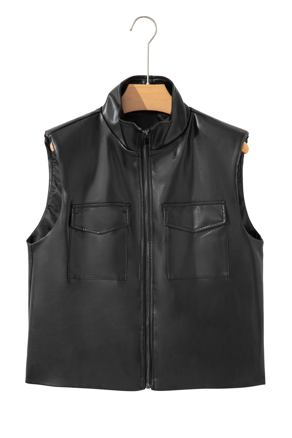Black Double Flap Pocket Faux Leather Zip Up Stand Neck Vest