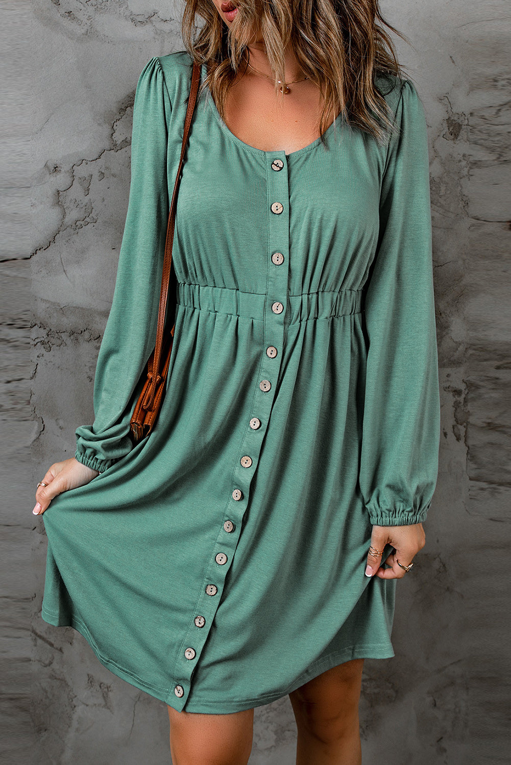 Green Casual Button Up Ruched Waist Short Dress