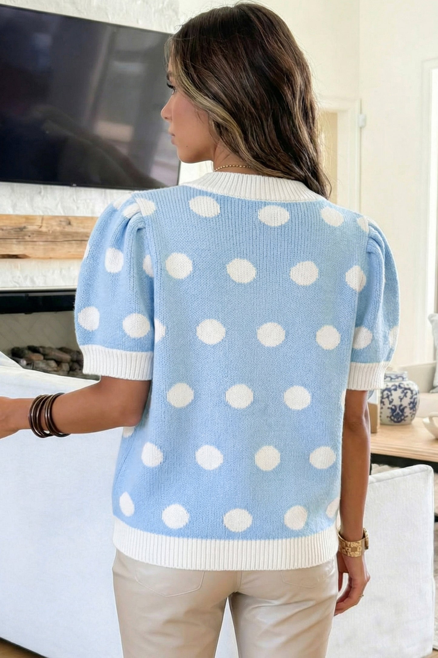 Pink Polka Dot Puff Short Sleeve Sweater Top