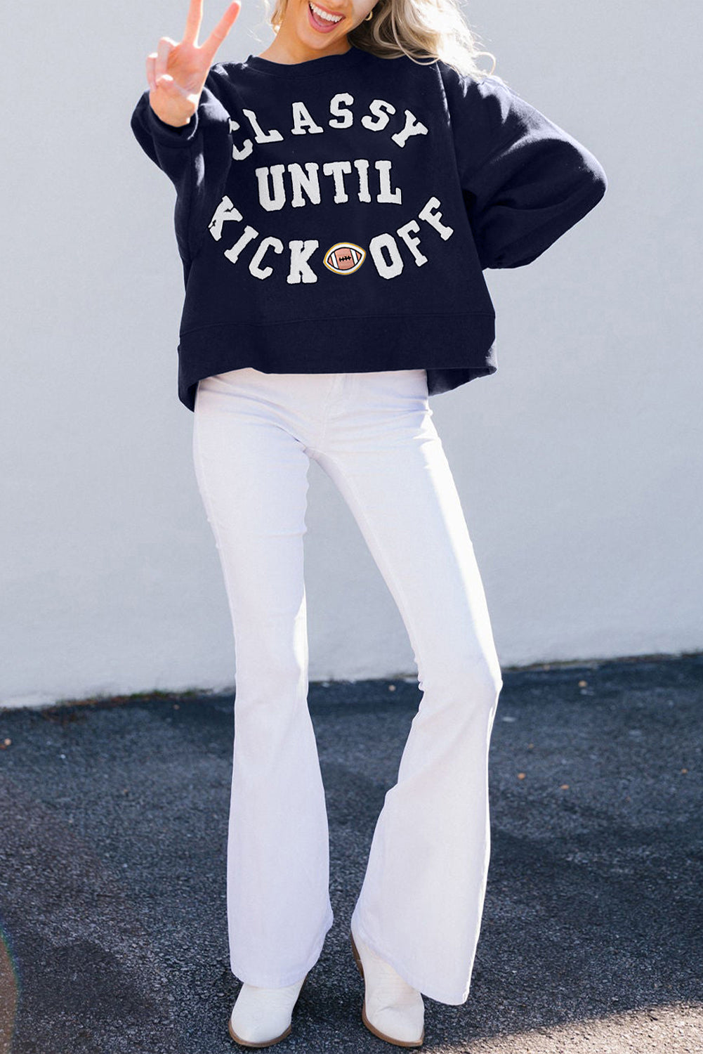 Navy Blue CLASSY UNTIL KICKOFF Letter Graphic Loose Sweatshirt