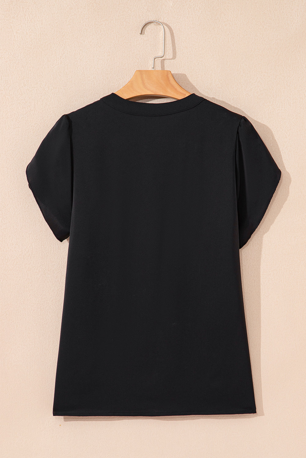 Black Button Notched Neck Petal Sleeve Blouse