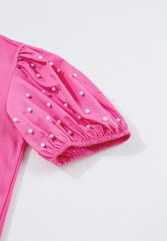 A Pearl Pink Detail Round Neck Puff Sleeve Blouse