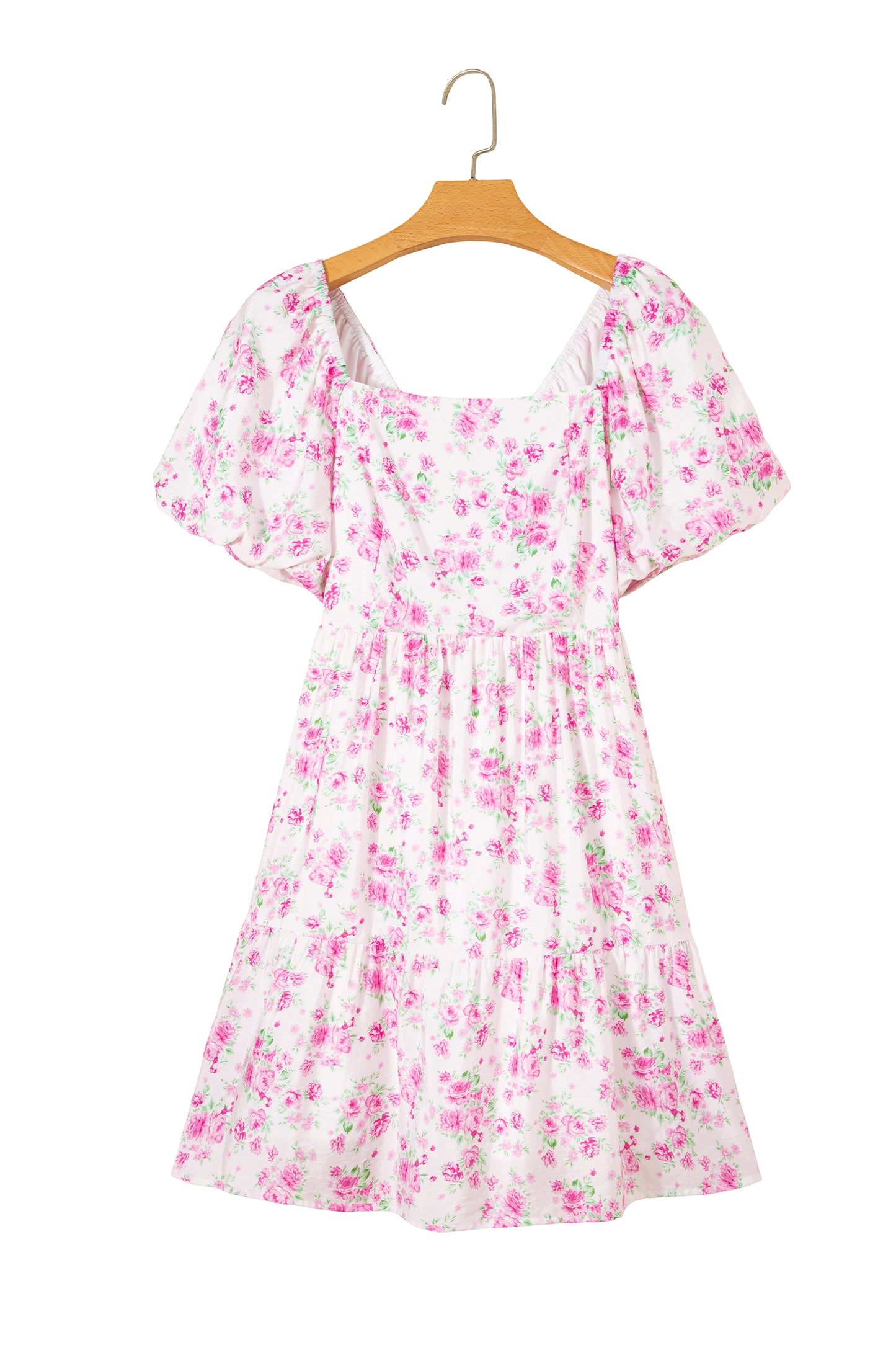 Pink Floral Print Square Neck Ribbon Knot Back Cute Mini Dress