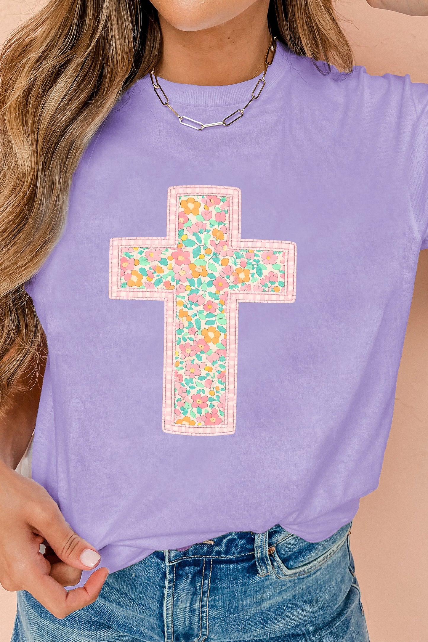 Wisteria Easter Floral Cross Christian Casual Tee