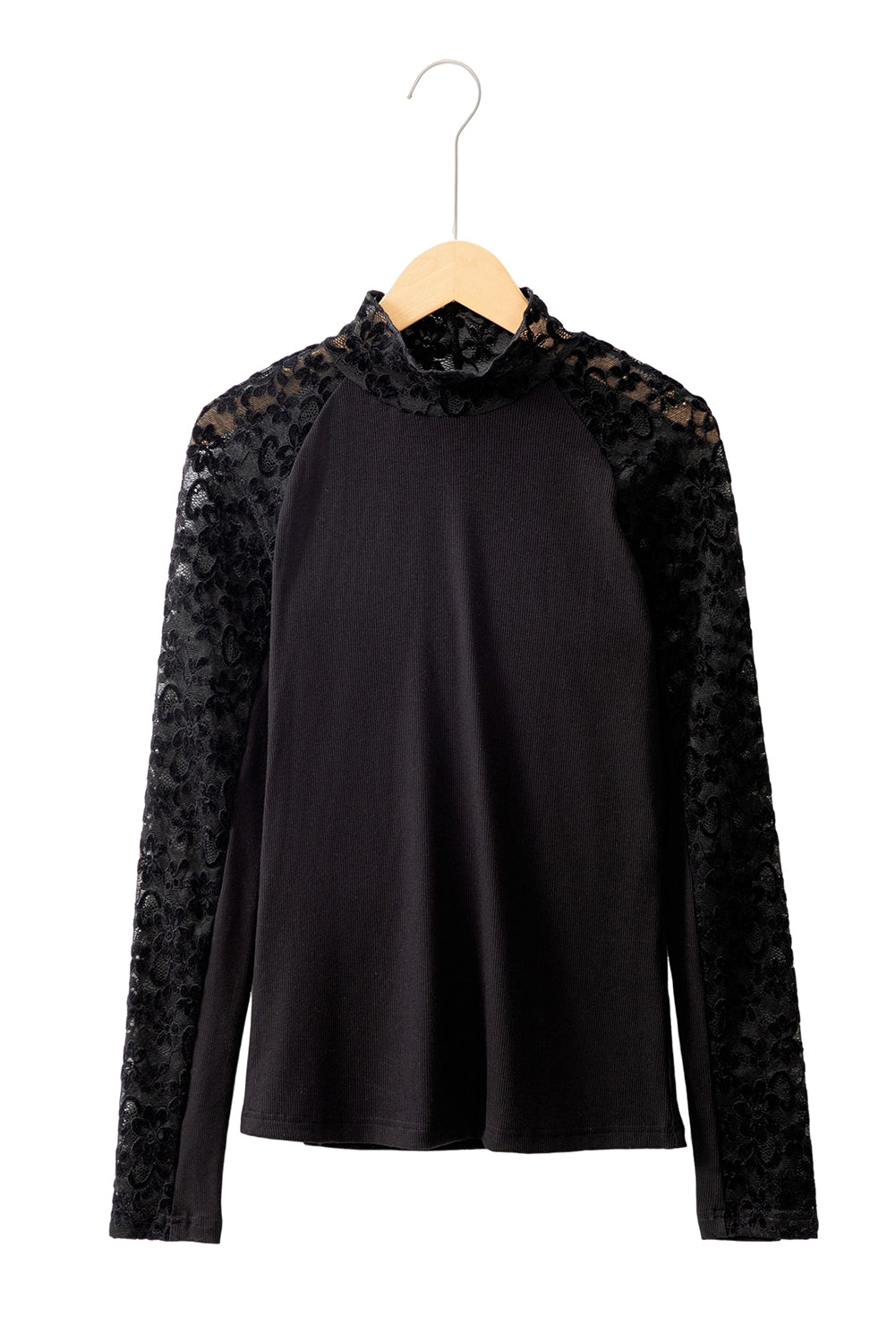 Beige and Black Floral Lace Patchwork Long Sleeve High Neck Slim Top