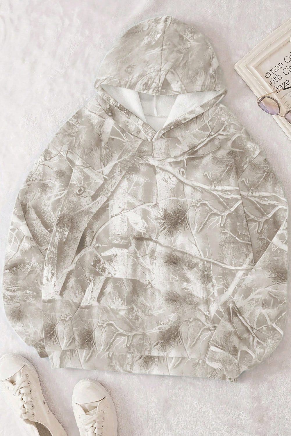 Light Pink Camouflage Plant Print Kangaroo Pocket Oversized Hoodie