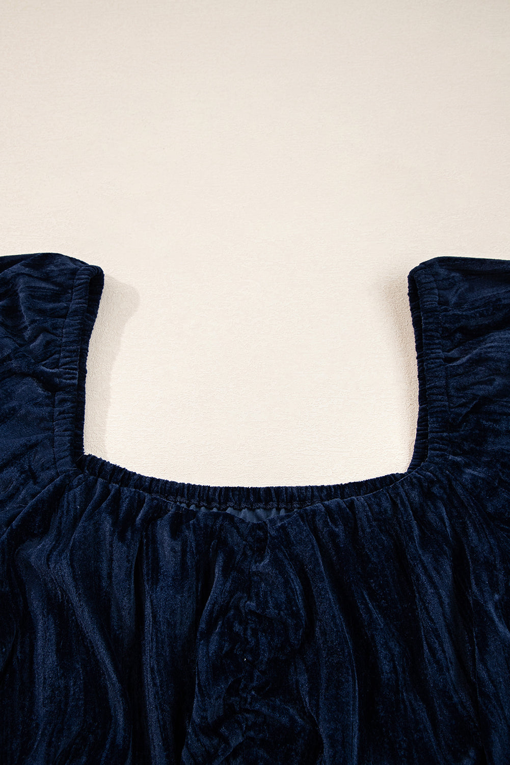 Navy Blue Velvet Ruched Bust Square Neck Short Puff Sleeve Plus Dress