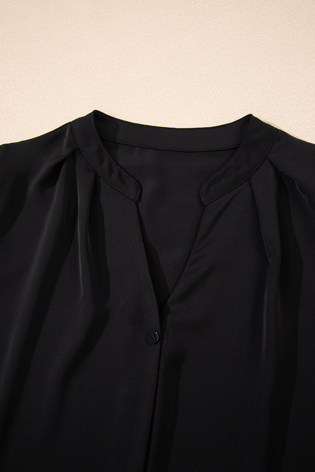 Black Button Notched Neck Petal Sleeve Blouse