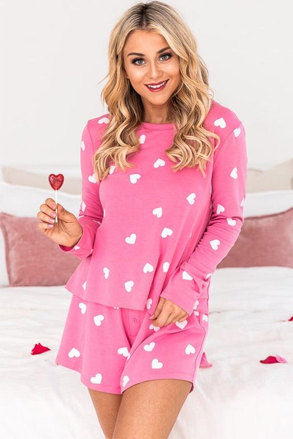 Pink Heart Print Long Sleeve Top and Shorts Pajama Set