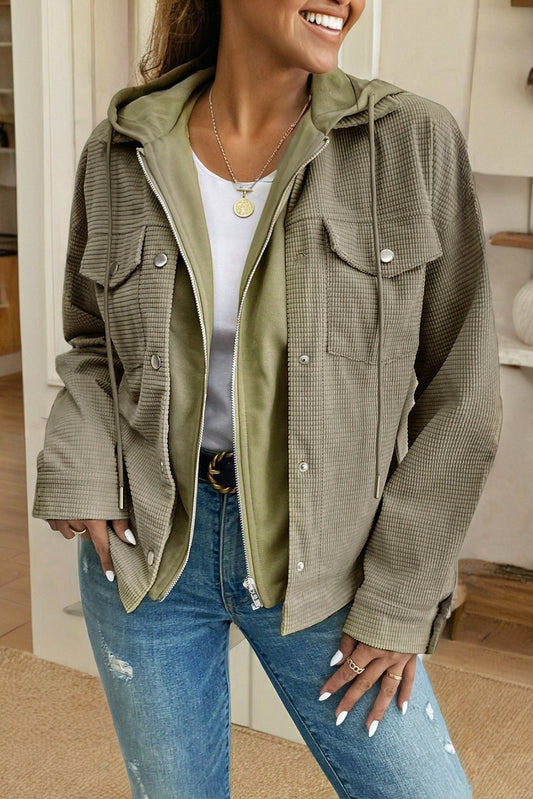 A Laurel Green Solid Color Textured Patchwork Flap Pocket Shacket