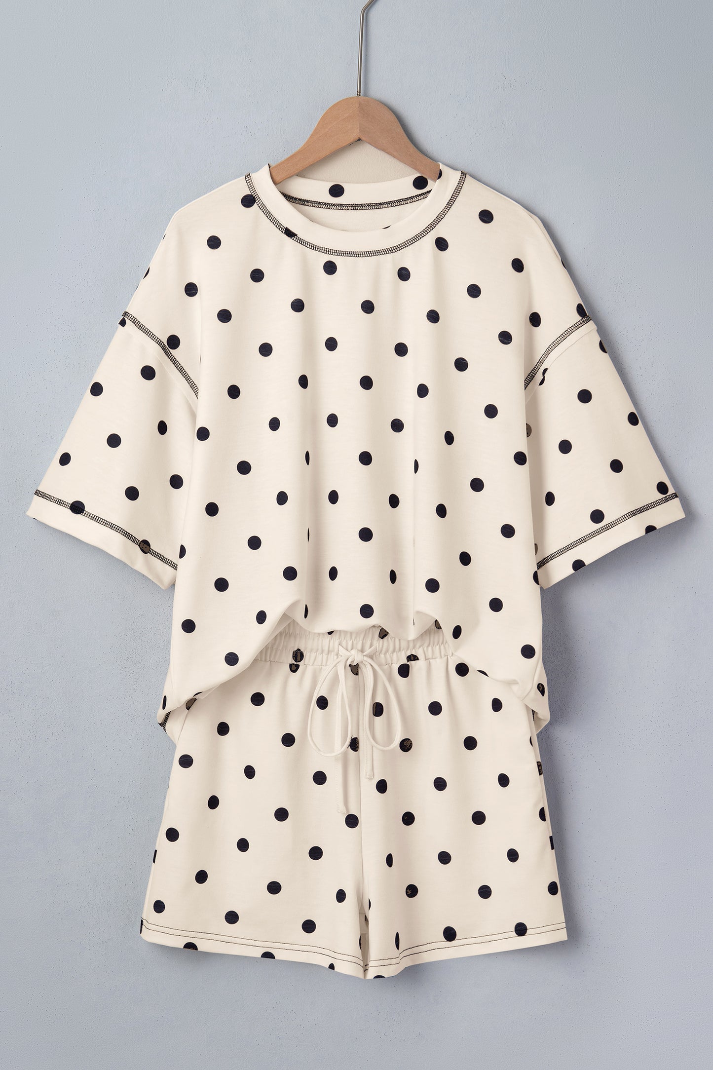 Black Exposed Seam Detail Polka Dot Loose Tee Drawstring Shorts Set