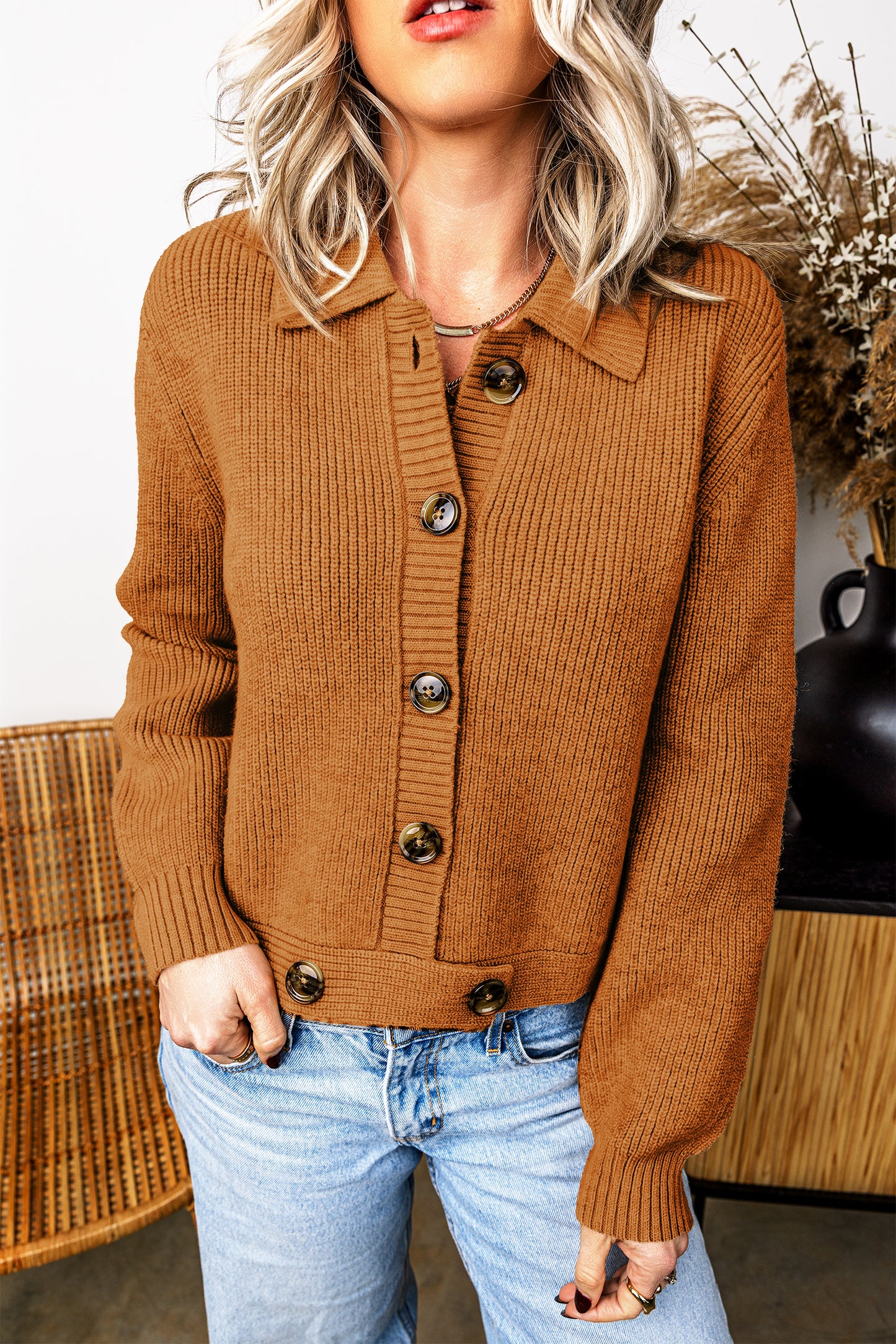 A Mustard Ribbed Knit Collar Button Front Long Sleeve Cardigan