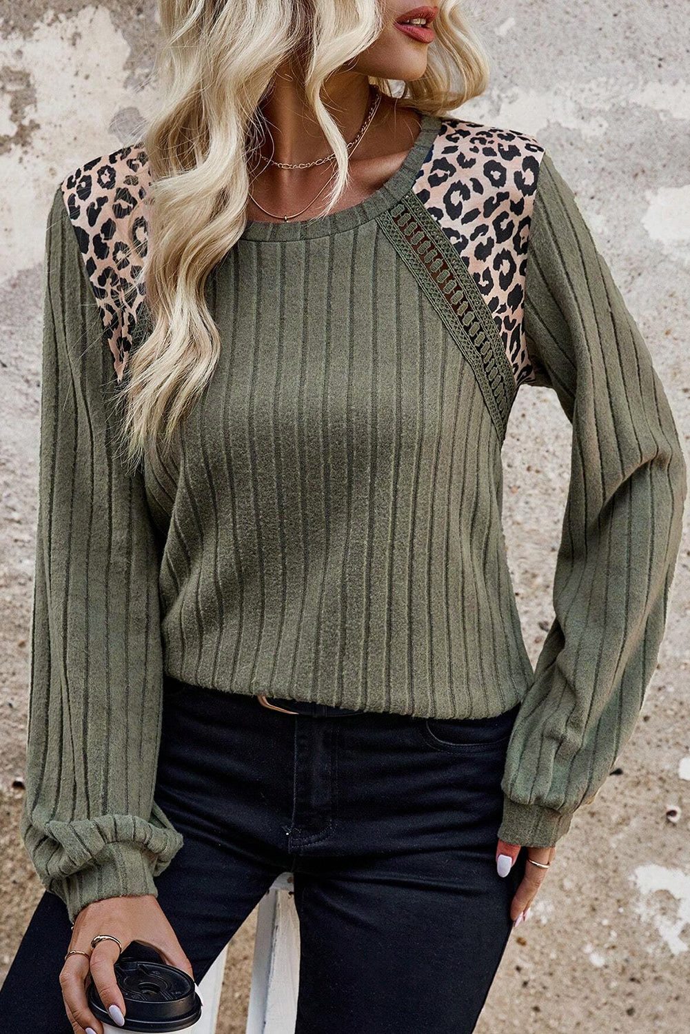 Moss Green Leopard Print Patchwork Crochet Rib Textured Sweater